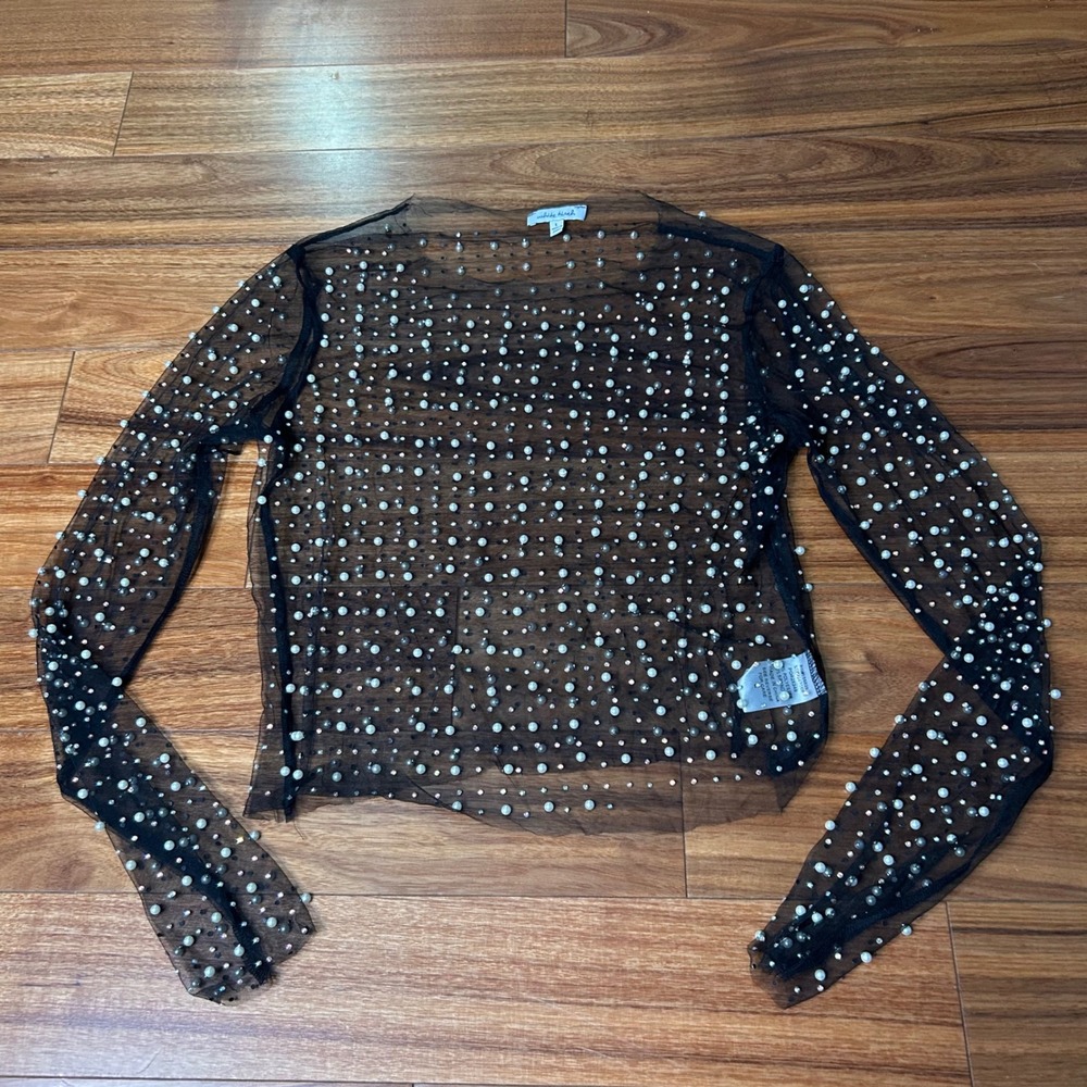 White Birch Black Sheer Mesh Pearl Rhinestone Long Sleeve Top Womens L party